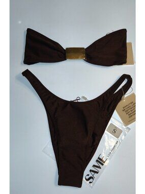 SAME Los Angeles Bandeau Bikini Set Brown Mocha S Gold Hardware Strapless NWT